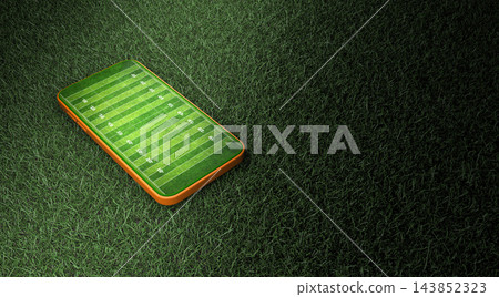 Mobile phone on green grass with American football field layout on screen,3d rendering 143852323