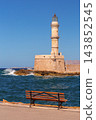 Historic Venetian Lighthouse Surrounded by Sea Waves in Chania Crete Greece 143852545