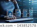 Document workflow and compliance approval concept. Man typing on keyboard showing report analysis, document review, checklist verification, quality control, audit, certification, business governance 143852578