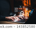 Workforce management concept. Businessman using laptop with digital HR icons representing recruitment planning, training, talent selection, corporate team building, professional career development, 143852580