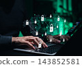 Cybersecurity network protection concept. padlock icon. manage encrypted data access, secure global connection, privacy lock, threat prevention, identity safety digital infrastructure security control 143852581