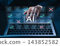 AI document review automation and compliance validation concept. Person using laptop with document files, green approval checks, red rejection marks, quality control, audit workflow, digital accuracy 143852582
