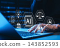 Artificial intelligence regulation and ethics concept. AI law ethics, Person using laptop with interface showing AI chip, legal compliance, scale, justice and data protection icon for digital policy. 143852593