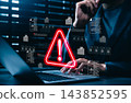 Data security warning and cyber risk alert concept. Person using laptop with digital files, lock icon, red warning symbol. data breach, document protection, threat detection, secure incident response 143852595