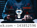 AI cybersecurity warning concept. Man using computer with chatbot detects system threats, data breach alerts, malware risks, network errors, digital security issues, cyber awareness, error monitoring 143852596