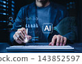 AI data analytics dashboard shows artificial intelligence processing, charts and information as business professional analyzes digital insights, machine learning performance, automated decisions 143852597