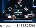 Secure digital payment concept shows successful online transaction, banking, wallet, currency exchange and protection icons. Person manages ecommerce finance, payment security, global money transfer 143852599