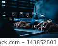 AI prompt and generative content creation concept. Person using laptop with prompt, generate, and multimodal AI icons, representing text, image, audio, design, code, smart content workflow, AI Agents 143852601