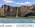 Narrow waterfall above the turquoise Skjalfandafljot River in North Iceland 143852981