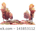 Watercolor Autumn landscape with group of deciduous trees on the field or hills. Realistic countryside fall forest frame hand painted illustration isolated on white for seasonal cards, posters, prints 143853112