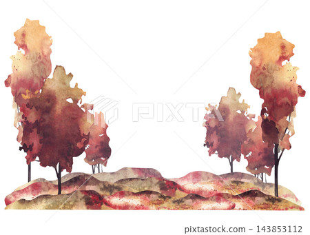 Watercolor Autumn landscape with group of deciduous trees on the field or hills. Realistic countryside fall forest frame hand painted illustration isolated on white for seasonal cards, posters, prints Watercolor Autumn landscape with group of deciduous trees on the field or hills. Realistic countryside fall forest frame hand painted illustration isolated on white for seasonal cards, posters, prints 143853112