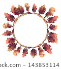 Autumn watercolor tree wreath with red, burgundy, orange and golden yellow foliage, hand painted nature fall landscape illustration. Round frame with copy space, isolated on white for card invitation. 143853114