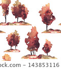 Watercolor Autumn landscape with group of deciduous trees on countryside field, hills seamless pattern. Hand drawn isolated from background illustration for fall textiles, wallpaper, seasonal design. 143853116