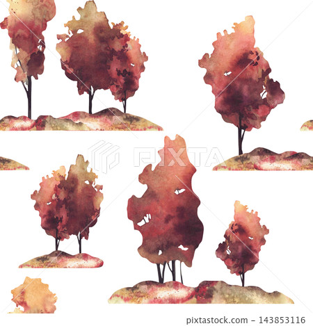 Watercolor Autumn landscape with group of deciduous trees on countryside field, hills seamless pattern. Hand drawn isolated from background illustration for fall textiles, wallpaper, seasonal design. Watercolor Autumn landscape with group of deciduous trees on countryside field, hills seamless pattern. Hand drawn isolated from background illustration for fall textiles, wallpaper, seasonal design. 143853116