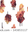 Autumn deciduous tree silhouettes with red, burgundy, orange and golden foliage, hand painted watercolor pattern isolated on white background for fall textiles, wallpaper and seasonal stationery. 143853117