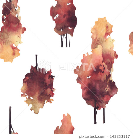 Autumn deciduous tree silhouettes with red, burgundy, orange and golden foliage, hand painted watercolor pattern isolated on white background for fall textiles, wallpaper and seasonal stationery. 143853117