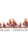 Watercolor Autumn landscape with deciduous trees grove, colourful fall forest seamless frame. Realistic hand painted illustration isolated from background border for seasonal template, pattern design. 143853118