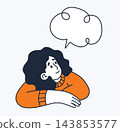 Woman Thinking with Thought Bubble Doodle. Cute Female Character Reflecting with Empty Speech Cloud. Linear Hand Drawn with Orange Accent. Vector illustration 143853577