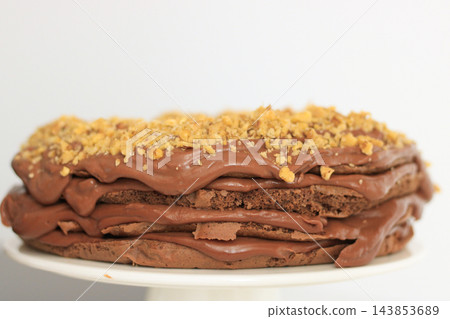 Homemade chocolate cake with nuts served on a plate close up Homemade chocolate cake with nuts served on a plate close up 143853689