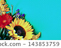 Abstract Retro Cyan and Yellow Halftone Sunflower Pop Art Background for Vintage Branding 143853759