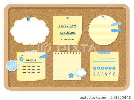 Yellow and blue sticky notes and memo paper attached to a corkboard (bulletin board, notices, speech bubbles, masking tape) 143855448