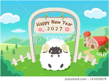 Year of the Sheep New Year's greeting card material 2027 Sheep and farm house 2 143856676