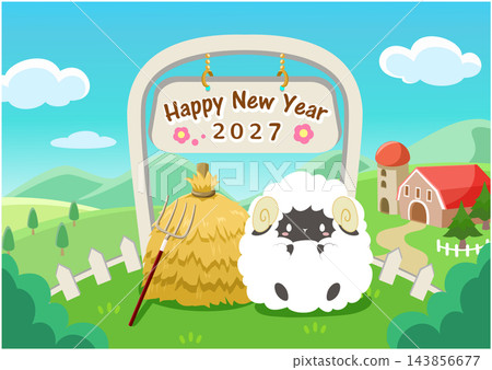 Year of the Sheep New Year's card material 2027 Sheep and farm house 1 Year of the Sheep New Year's card material 2027 Sheep and farm house 1 143856677