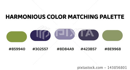 This harmonious palette combines earthy greens and muted purples for a balanced, natural aesthetic. olive green, deep purple, greyish purple, muted plum, soft green. Perfect for rustic designs . 221. 143856801