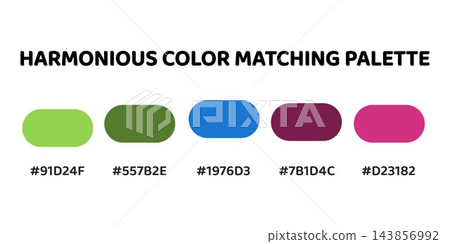 Harmonious color palette with five colors. This palette combines warm and cool tones, balanced and visually appealing aesthetic. Chartreuse, Olive Green, Cerulean, Amethyst, Magenta. 58. Harmonious color palette with five colors. This palette combines warm and cool tones, balanced and visually appealing aesthetic. Chartreuse, Olive Green, Cerulean, Amethyst, Magenta. 58. 143856992