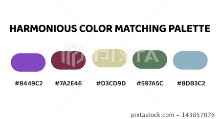 Harmonious color palette with five colors. Palette combines warm and cool tones, creating a balanced and visually appealing aesthetic. Royal Blue, Deep Purple, Creamy Beige, Sage Green, Dusty Blue. 143857076