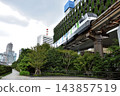 Looking up at the monorail from the new pedestrian walkway at Hamamatsucho Station 143857519