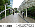 Businessmen walk through the new pedestrian walkway at Hamamatsucho Station, looking up at the monorail. 143857523