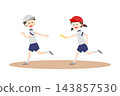 Children in gym clothes participating in a baton relay. 143857530