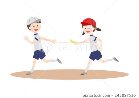Children in gym clothes participating in a baton relay. 143857530