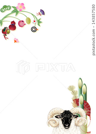 New Year's card template featuring New Year's Day decorations, kadomatsu (New Year's pine decoration), and other New Year's decorations. New Year's card template featuring New Year's Day decorations, kadomatsu (New Year's pine decoration), and other New Year's decorations. 143857580
