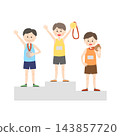 Boys in uniforms celebrating with medals on the podium. 143857720