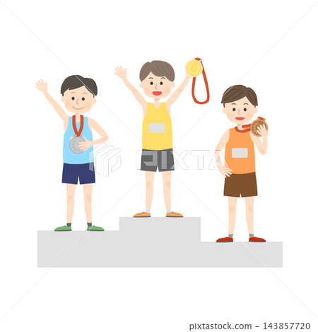 Boys in uniforms celebrating with medals on the podium. Boys in uniforms celebrating with medals on the podium. 143857720