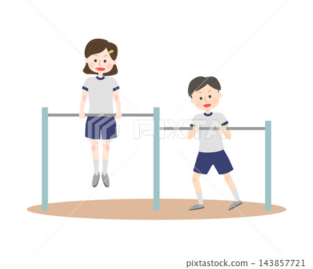 穿著運動服的孩子們正在使用單槓 穿著運動服的孩子們正在使用單槓 143857721