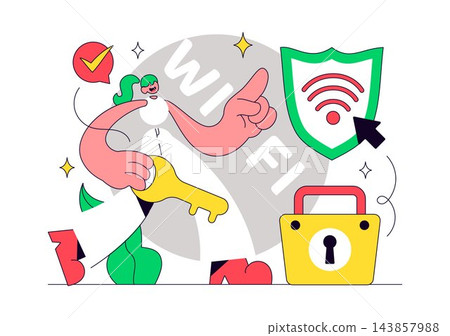 WiFi Security Vector Illustration Featuring Secure Wireless Network, Padlock, Shield Protection, Cyber Safety, and Internet Privacy Concept WiFi Security Vector Illustration Featuring Secure Wireless Network, Padlock, Shield Protection, Cyber Safety, and Internet Privacy Concept 143857988
