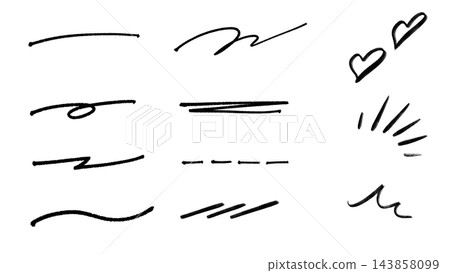 Hand-drawn style black marker line decoration set: Wavy lines, underlines, hearts, and focus lines. Hand-drawn style black marker line decoration set: Wavy lines, underlines, hearts, and focus lines. 143858099