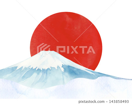 富士山與太陽的水彩插圖 143858493