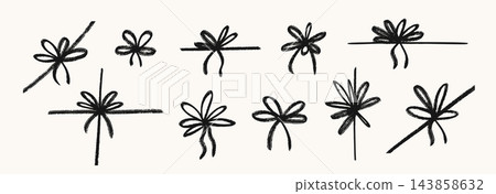 Hand drawn brush stroke bow gift set. Doodled ribbon bows collection. Sketched crayon elements pack for gift, package, present, Christmas or birthday box decor. Scribbled tied knots bundle. Vector Hand drawn brush stroke bow gift set. Doodled ribbon bows collection. Sketched crayon elements pack for gift, package, present, Christmas or birthday box decor. Scribbled tied knots bundle. Vector 143858632