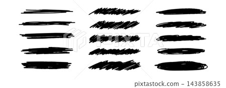 Hand drawn underline scribble collection. Horizontal scribbled brush stroke element set for emphasis, strikethrough, highlight, accent. Marker pen doodles. Vector pencil sketched dividers shapes Hand drawn underline scribble collection. Horizontal scribbled brush stroke element set for emphasis, strikethrough, highlight, accent. Marker pen doodles. Vector pencil sketched dividers shapes 143858635