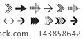 Different arrow symbol set. Dotted and linear direction icon collection. Black pointer arrows pack for navigation, infographic, movement design, process. Various cursor sign element bundle. Vector 143858642