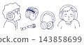 Autism Sensory Kids Headphones Line Art. Children Noise Cancelling Headset Collection for Neurodiversity, Calm Comfort, Overload Protection and Special Needs. Isolated Vector Illustration Hand Drawn 143858699