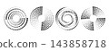 Dynamic radial speed line shape set. Dotted concentric swirl and spiral collection. Halftone dot line elements for logo, print, poster, template, icon, banner. Vector spinning circle sound wave shapes 143858718