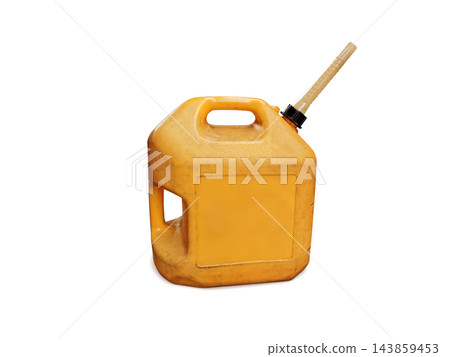 Vintage yellow jerry can with spout on white. 143859453