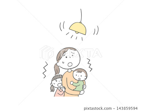 一幅插圖，描繪了一位母親、一個嬰兒和一個女孩被地震的搖晃嚇了一跳。 143859594