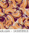 Bold decorative repeat design featuring curved paint strokes and large abstract petals in warm orange, plum, cream and teal for textile, wallpaper and wrapping use. Compressible seamless artwork. 143859913