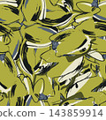 Repeating abstract floral brushstroke pattern with olive green, cream, black, and slate blue shapes, creating bold modern decorative surface for wallpaper, textile, wrapping, and contemporary design. 143859914